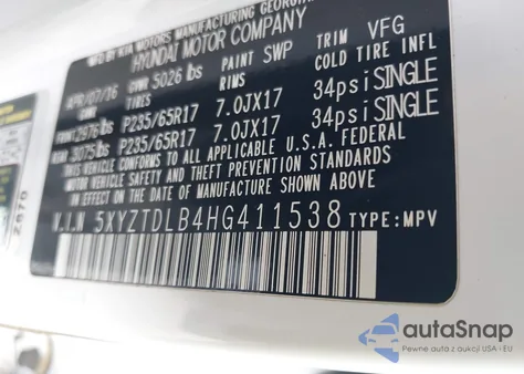 2017 Hyundai Santa Fe Sport 2.4L from USA, damaged, VIN 5XYZTDLB4HG411538